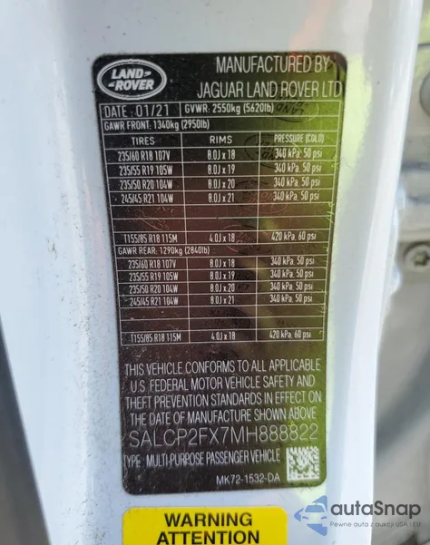 2021 Land Rover Discovery Sport Se z USA, uszkodzony, nr VIN SALCP2FX7MH888822